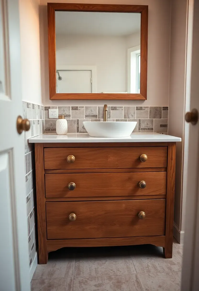 Vintage dresser repurposed as a bathroom vanity with vessel sink and brushed gold faucet — budget DIY furniture conversion