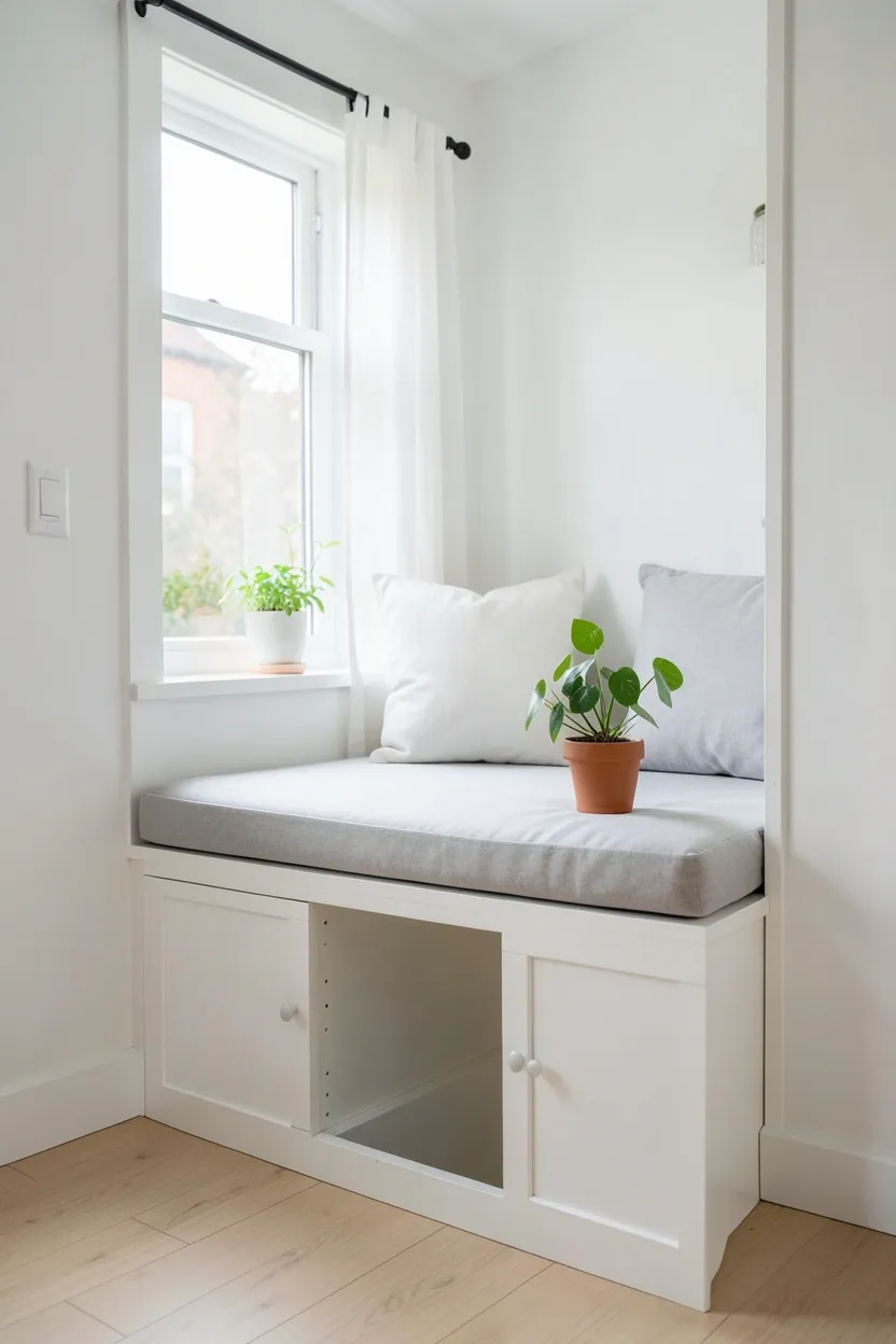 Built-in window seat with white cushions and under-bench storage drawers in a bright Nordic small apartment living room