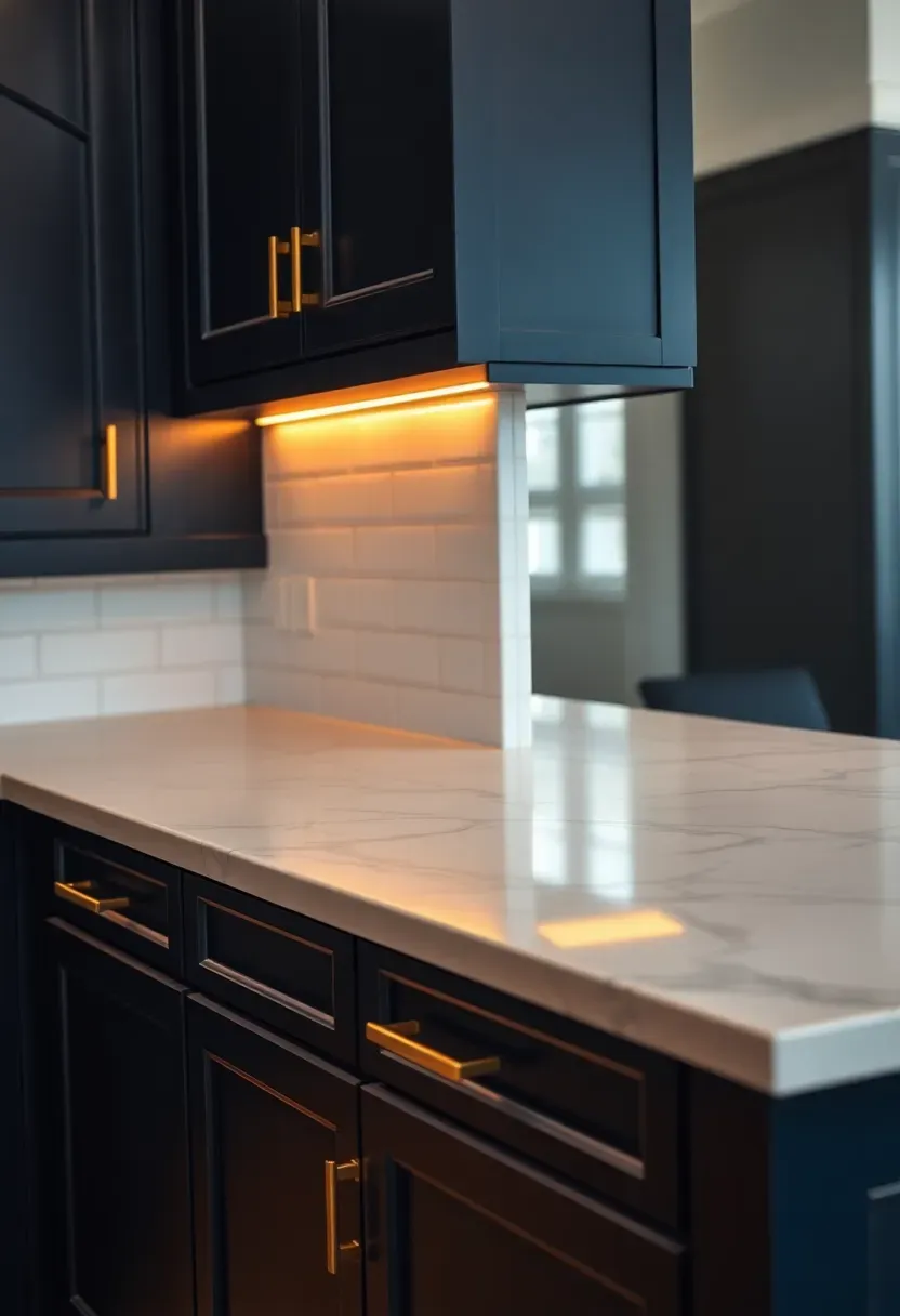 midnight navy blue kitchen cabinets with white marble countertops