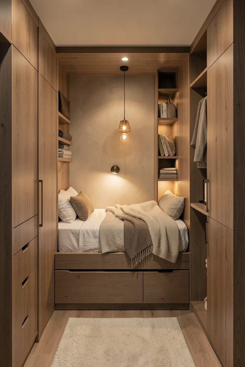 Cozy built-in bed nook with cabinetry on three sides, integrated drawers and shelves in a compact bedroom creating a warm sleeping sanctuary