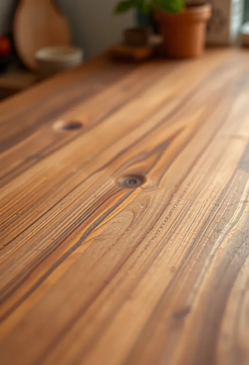 Hyper-realistic detail view of wood countertop finished with natural tung oil showing rich grain patterns and subtle sheen. Materials: walnut wood with natural oil finish, wood grain visible, warm natural color. Soft directional lighting highlighting grain. Non-toxic finish, sustainable woodworking. Shallow depth of field, blurred background elements. No text, no logos.</p>