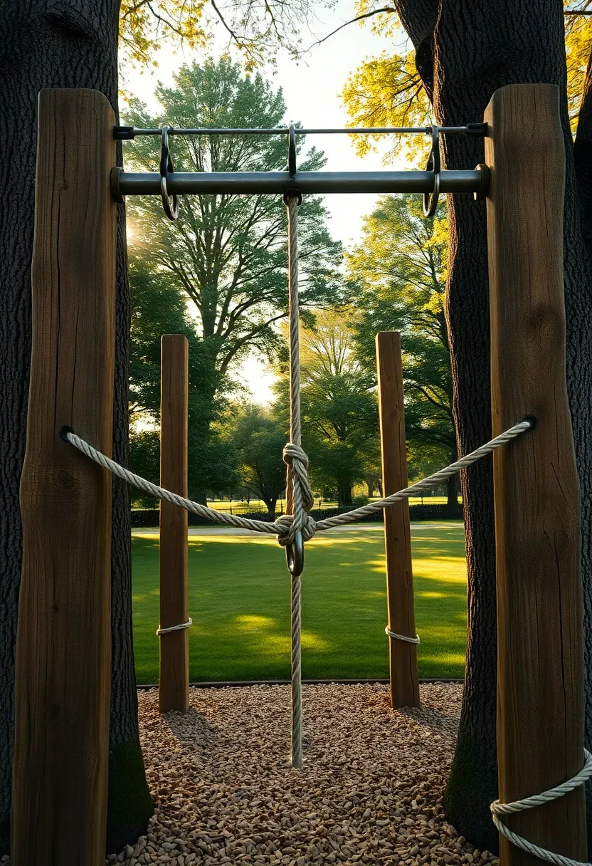 Backyard ninja warrior obstacle course with wooden posts, hanging rings, monkey bars, and cargo net between two trees