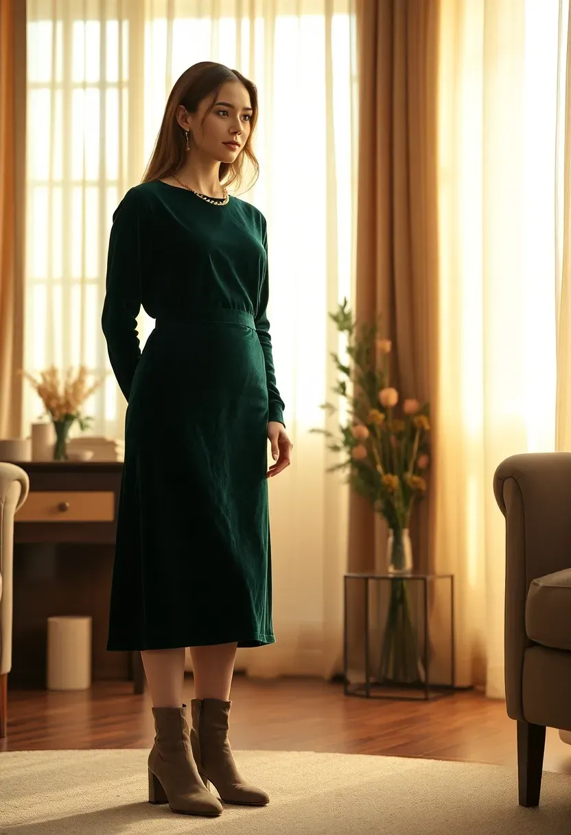 woman in a rich velvet midi dress and suede ankle boots at a winter baby shower