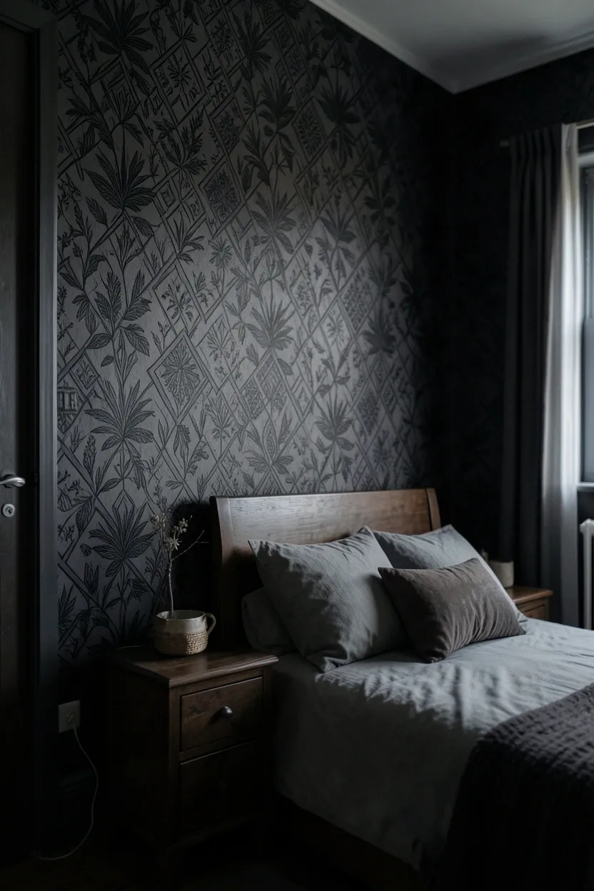 Dark boho bedroom with black metal bed frame featuring scrollwork detail, layered plush bedding, and rattan nightstand