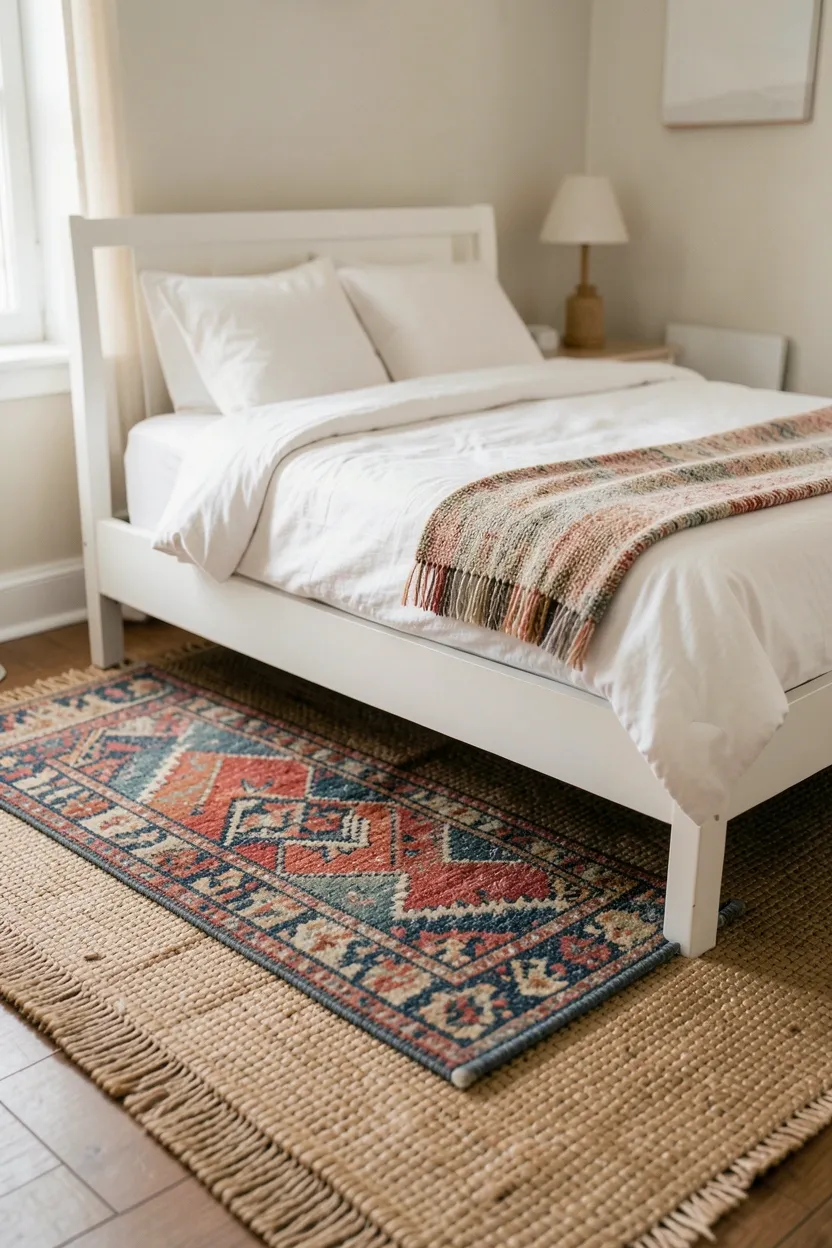 Boho bedroom with layered rugs — natural jute base rug topped with a colorful vintage kilim runner, adding warmth and pattern underfoot