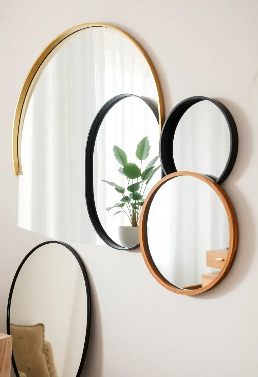 cluster of three arched mirrors in different sizes reflecting light in a bright living room