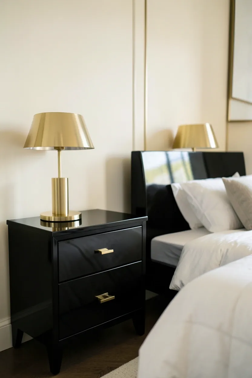 High-gloss cream lacquered nightstands with brass hardware flanking a bed in a modern luxury bedroom