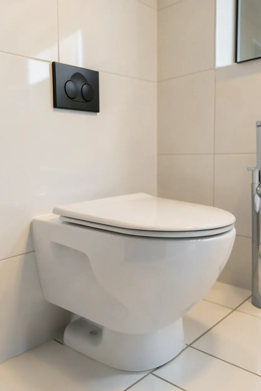 Glossy white wall-mounted toilet with matte black flush plate above continuous floor tiles in a small modern aesthetic bathroom