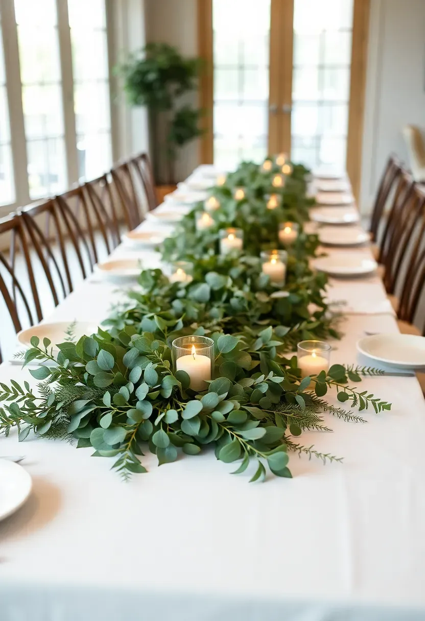 long greenery garland runner with eucalyptus ivy and fern draped along the center of a baby shower dining table with candles