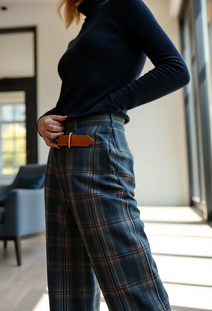 sophisticated plaid wool trousers with a cashmere turtleneck for a cozy winter shower outfit