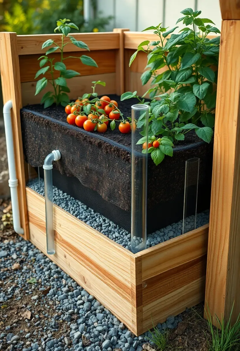 Cross-section view of a wicking bed garden system showing the water reservoir below and vegetable plants growing on top