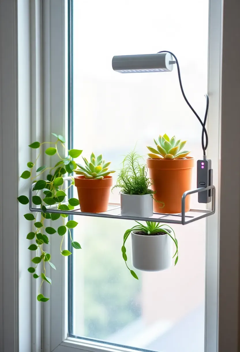 small plant shelf in dorm room window with trailing pothos small succulents and grow light