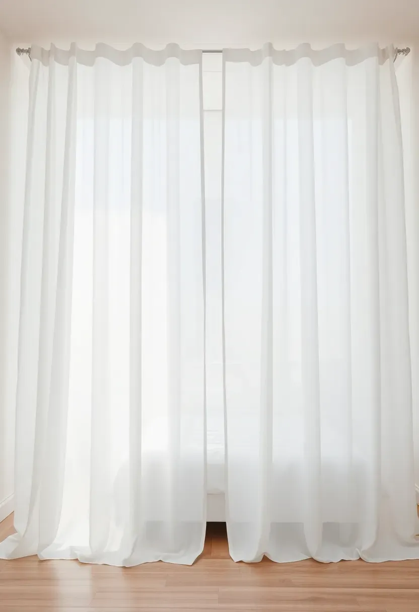 Hyper-realistic wide shot of floor-to-ceiling white sheer curtains creating airy elegance in minimalist bedroom. Materials: semi-sheer white linen curtains hung from ceiling mount, light filtering through showing fabric texture, light wood floor, white walls, simple platform bed. Natural light pouring through curtains creating soft ethereal glow. Curtains pooling slightly on floor for relaxed elegance. Visible room context showing uncluttered minimalist space. Sharp focus on fabric texture and folds. No text, no logos, no watermarks.</p>