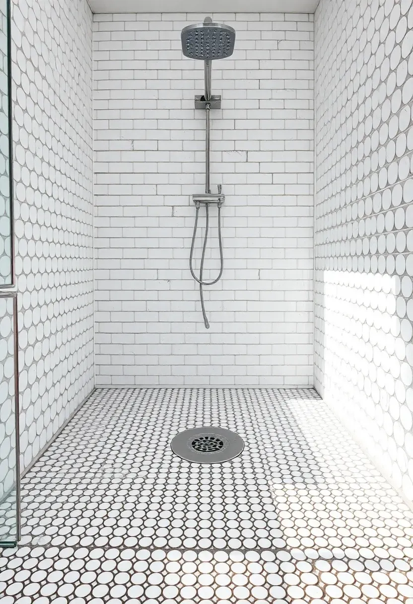 Penny round mosaic shower floor in soft gray with white subway tile walls and chrome fixtures