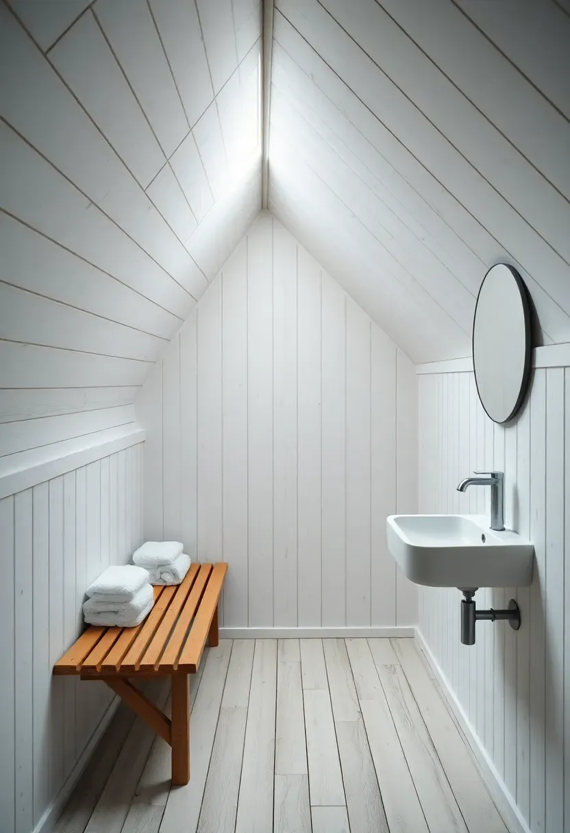 Scandinavian attic bathroom with white-washed pine tongue-and-groove walls and sloped ceiling, built-in pine sauna bench along the low wall with rolled white towels, and wall-hung white ceramic sink at the gable end