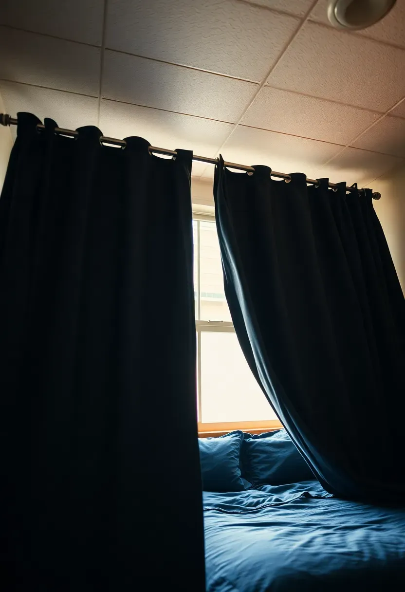dark curtain divider separating two sides of a dorm room for privacy