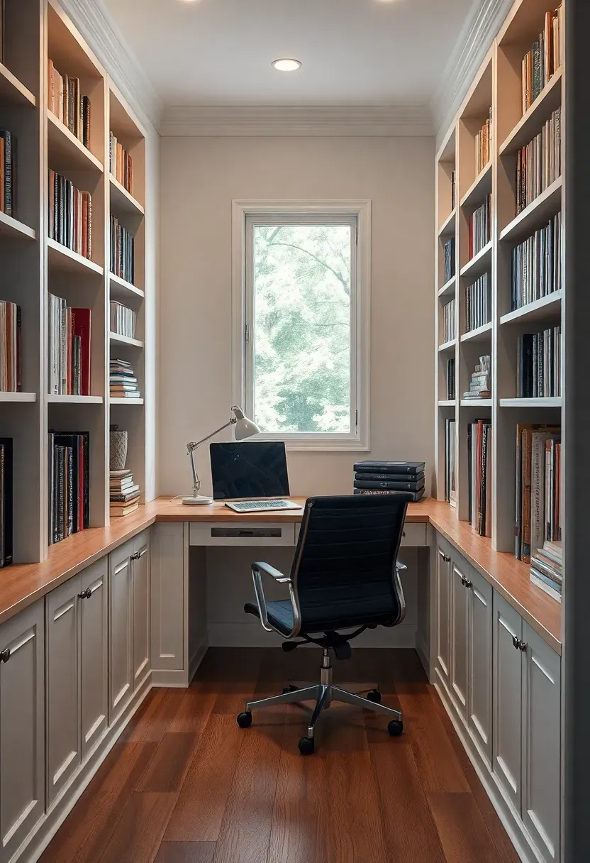 Hyper-realistic 3/4 view of home office with built-in bookshelves surrounding desk area, comfortable reading chair in corner, task lighting, organized workspace. Materials: white built-ins, wood desk, ergonomic chair, mixed books, matte finishes. Natural light from window (diffused daylight), task lamp on desk. Balanced composition, sharp details on workspace and shelves, functional professional aesthetic, visible room with windows. No text, no logos, no watermarks.</p>