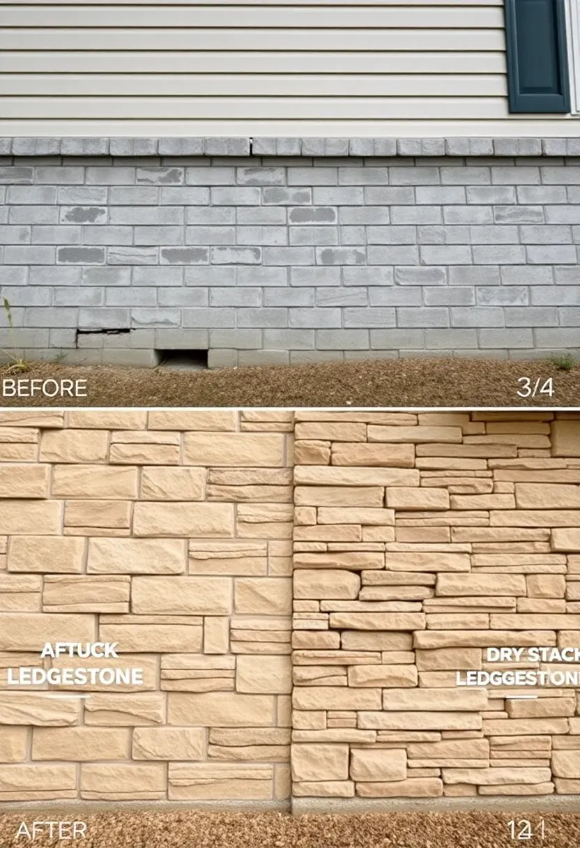 Before and after showing an exposed concrete block ranch foundation versus the same area clad in dry stack ledgestone veneer in warm gray