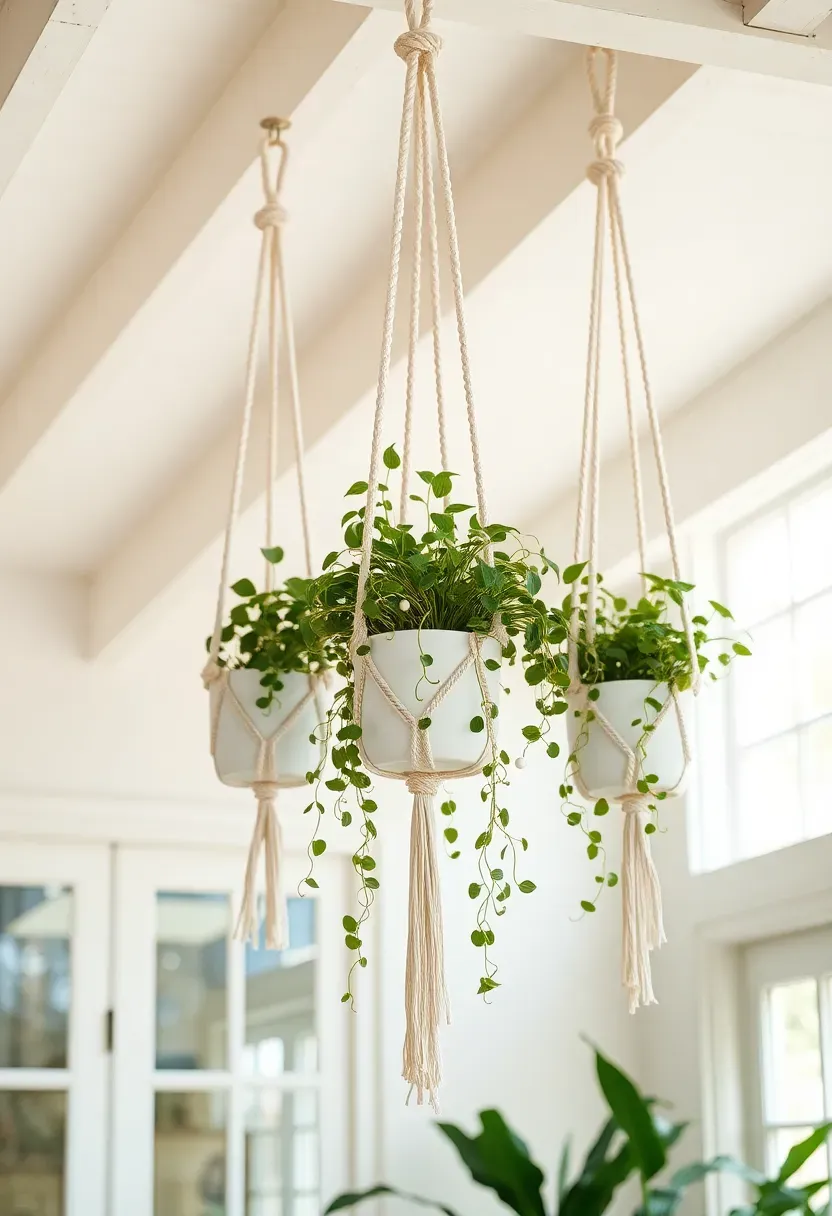 Three macrame plant hangers at staggered heights holding trailing string-of-pearls and pothos in a bright white sunroom with wooden ceiling beams