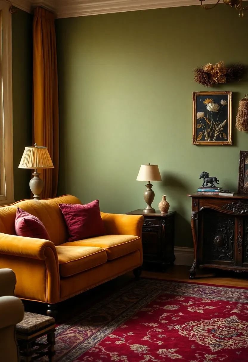 Art Nouveau color palette living room in sage green, ochre, and deep burgundy with gold accents