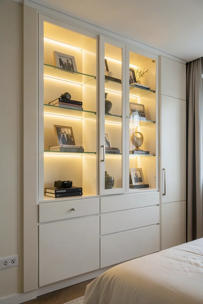Custom built-in shelving with glass fronts and integrated LED lighting displaying shoes and accessories in a luxury bedroom