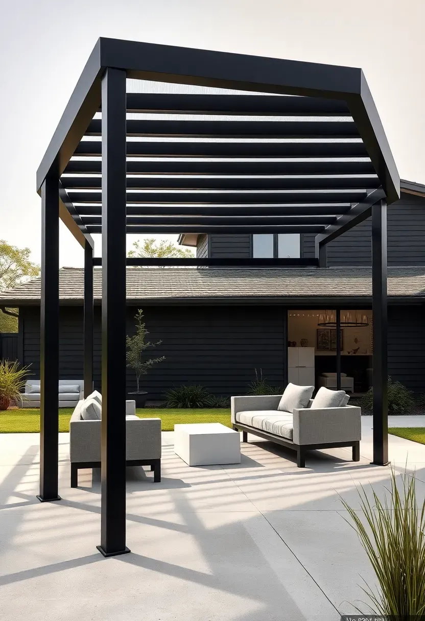 A sleek matte black powder-coated steel gazebo with clean geometric lines, flat roof panels, and minimalist furniture on a concrete patio in a modern backyard