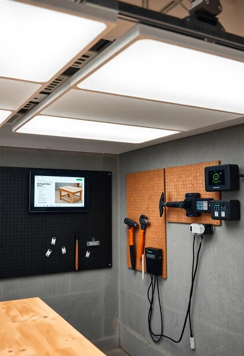 Modern garage workshop with smart LED lighting, a wall-mounted tablet for project plans, and wireless tool tracking sensors on pegboard