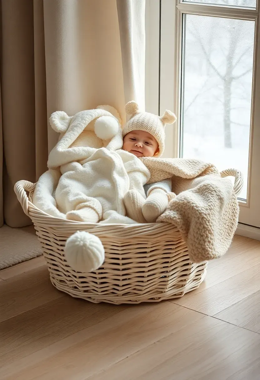 cozy winter baby bundle basket with a fleece snowsuit knitted hat warm booties and a sherpa blanket nestled in a cream basket