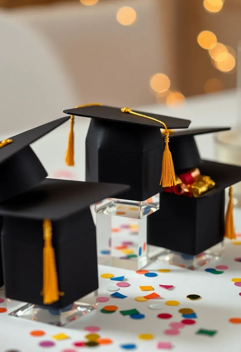 Three miniature graduation caps filled with colorful candy on a decorated party table
