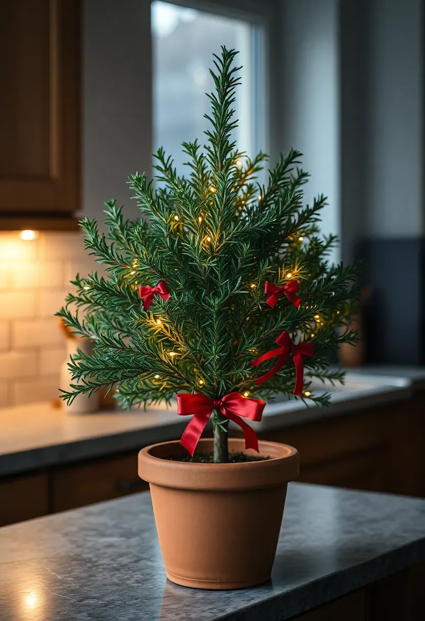Hyper-realistic 3/4 view of a rosemary bush trimmed into a Christmas tree shape (about 2 feet tall), placed on a kitchen counter, decorated with tiny warm LED lights and small red ribbon bows. Materials: aromatic rosemary foliage, miniature LED lights, satin red ribbon, terracotta pot. Kitchen window light (4500K) mixed with warm under-cabinet lighting (2700K), creating shadows on stone countertop. Culinary mood, shallow depth of field with rosemary needle details sharp, visible kitchen context with subway tile backsplash. No text, no logos, no watermarks.</p>