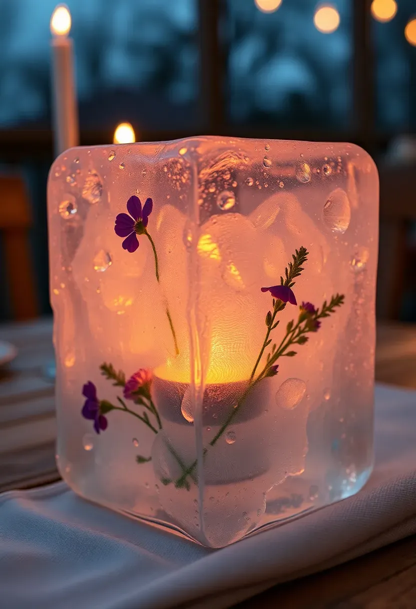 ice candle holder with flowers and herbs frozen inside glowing on an outdoor table at dusk