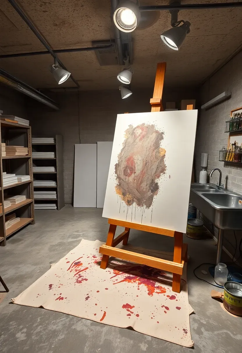 Basement art studio with a large easel near adjustable track lighting, a paint-splattered drop cloth on the floor, storage shelves with canvases, and a utility sink