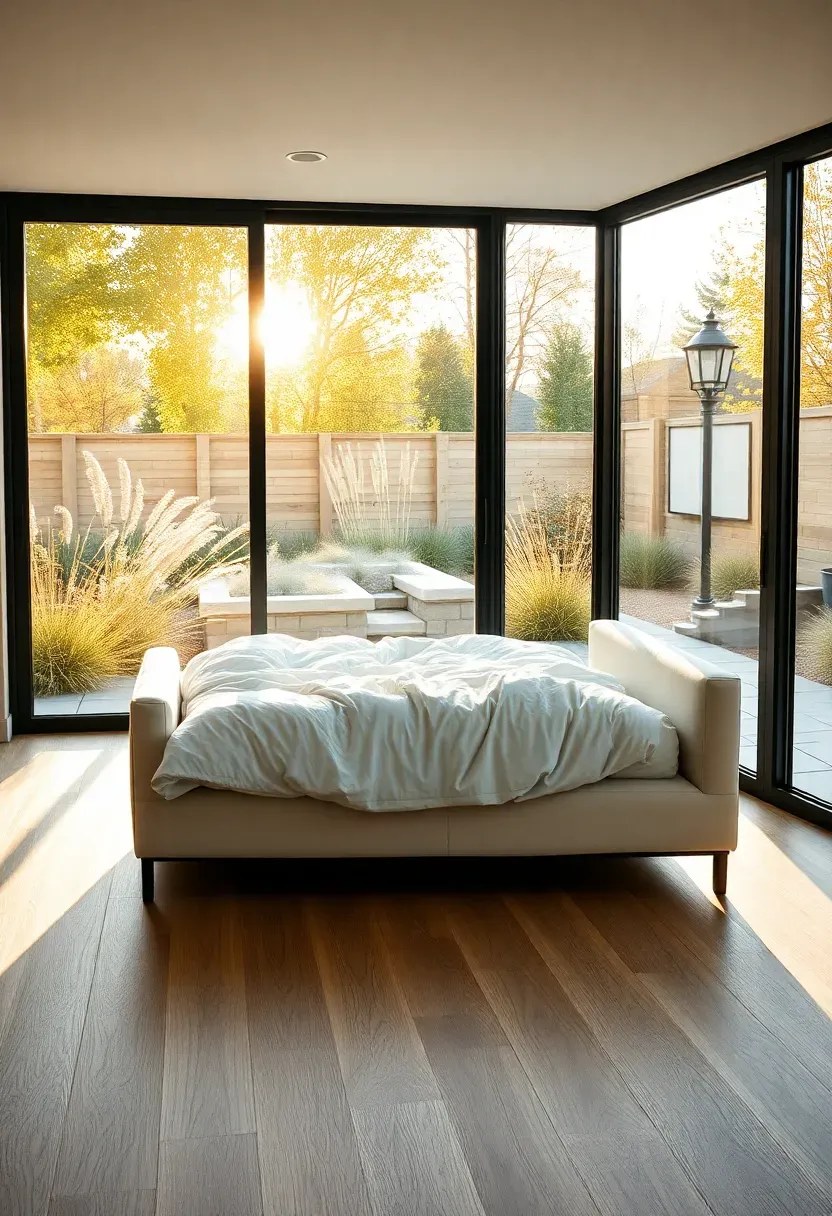 Walk-out basement bedroom with large sliding glass doors opening to a landscaped backyard, morning light flooding the room