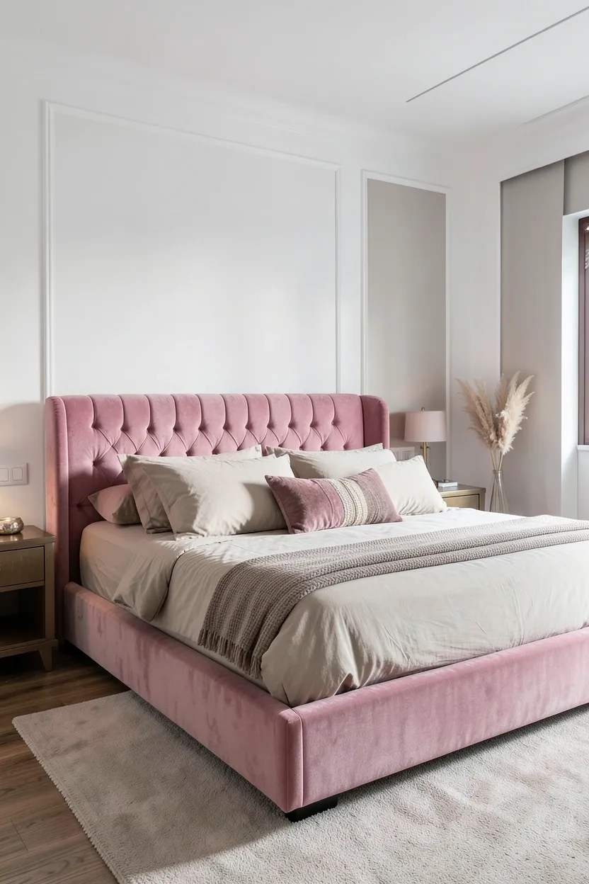 Pink Velvet Bed with Neutral Walls