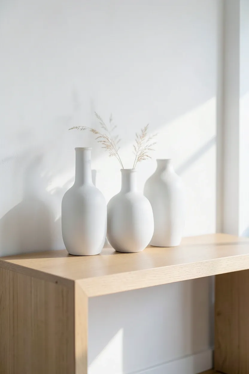 Intentional grouping of three ceramic vessels in white and beige tones on a console in a modern minimalist living room