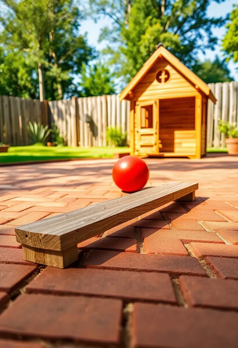 Colorful interlocking rubber paver tiles on a backyard play area with children's outdoor toys nearby