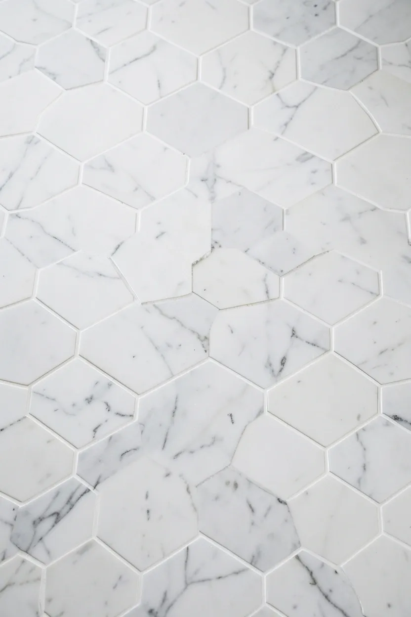 Classic white hexagonal marble floor tiles with white grout lines in an elegant bathroom