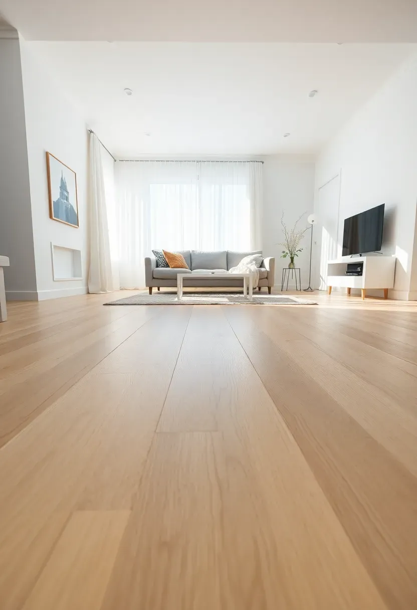 Hyper-realistic eye-level shot across a Scandinavian living room with continuous light oak flooring. Wide-plank white oak floors with visible grain and subtle variation running from foreground to background. Light gray sofa on neutral rug. Minimal white furniture. White walls, white ceiling. Large window with sheer curtains. Daylight reflecting off light wood floor, brightening room. Materials: white oak, gray linen, white cotton, sheer linen. Bright natural light, airy spacious mood. Low angle showing floor expanse, sharp details on wood grain, visible room context, no text, no logos.</p>