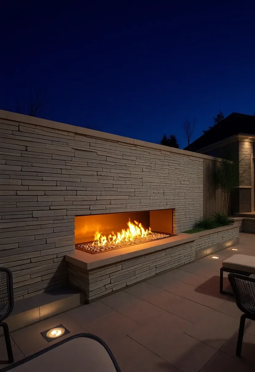 A long horizontal gas-powered linear fireplace built into a low stone wall on a modern patio with ambient lighting