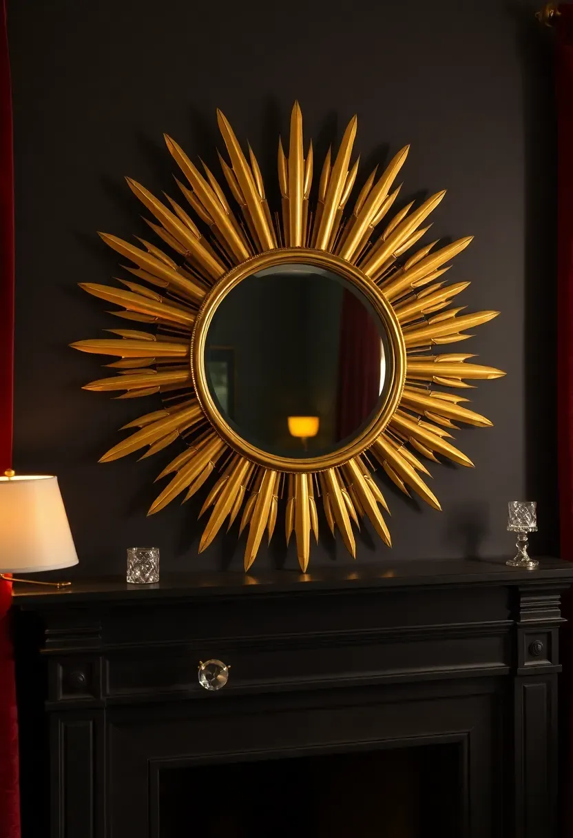Large gold sunburst mirror as focal point above a dark painted fireplace mantel in glam living room
