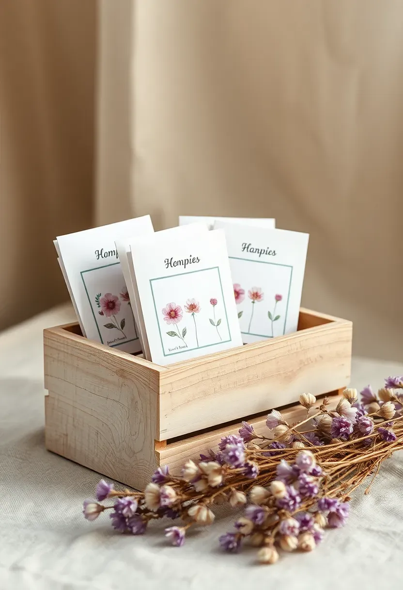 custom seed packets with a floral baby shower label design reading watch me grow displayed in a wooden crate with dried wildflowers