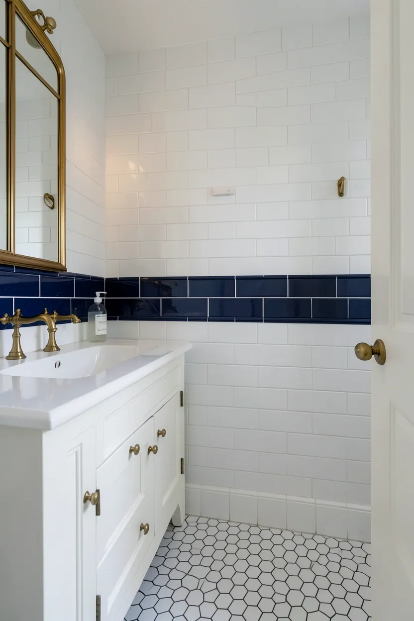 Navy Tile Border in White Bathroom