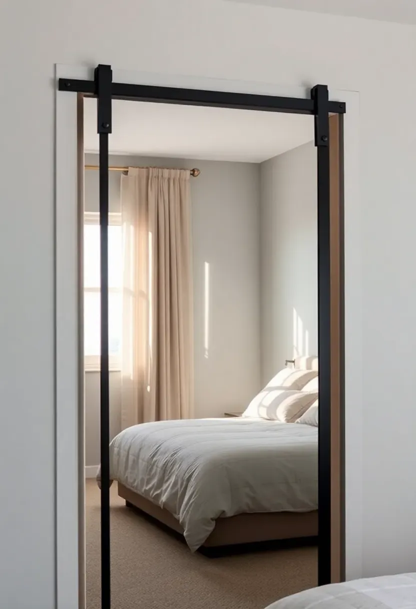Full-length mirrored barn door on a black steel track sliding over a bedroom closet opening reflecting natural window light