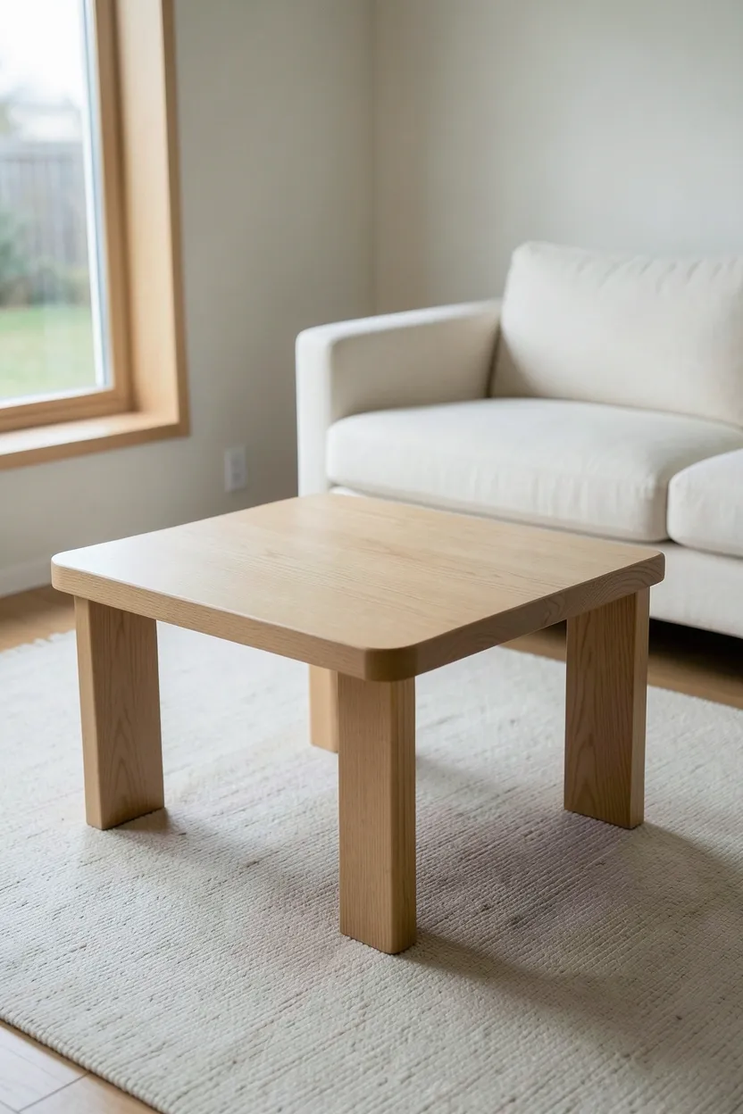 Low minimalist light oak coffee table with clean lines centered in a Japandi living room with cream sofa and jute rug