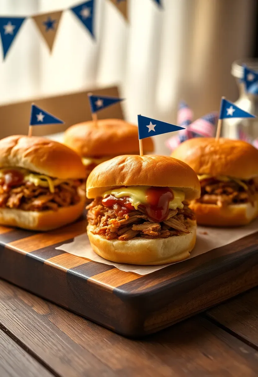 mini pulled pork sliders with blue-topped buns on a wooden serving board at an outdoor baby boy shower