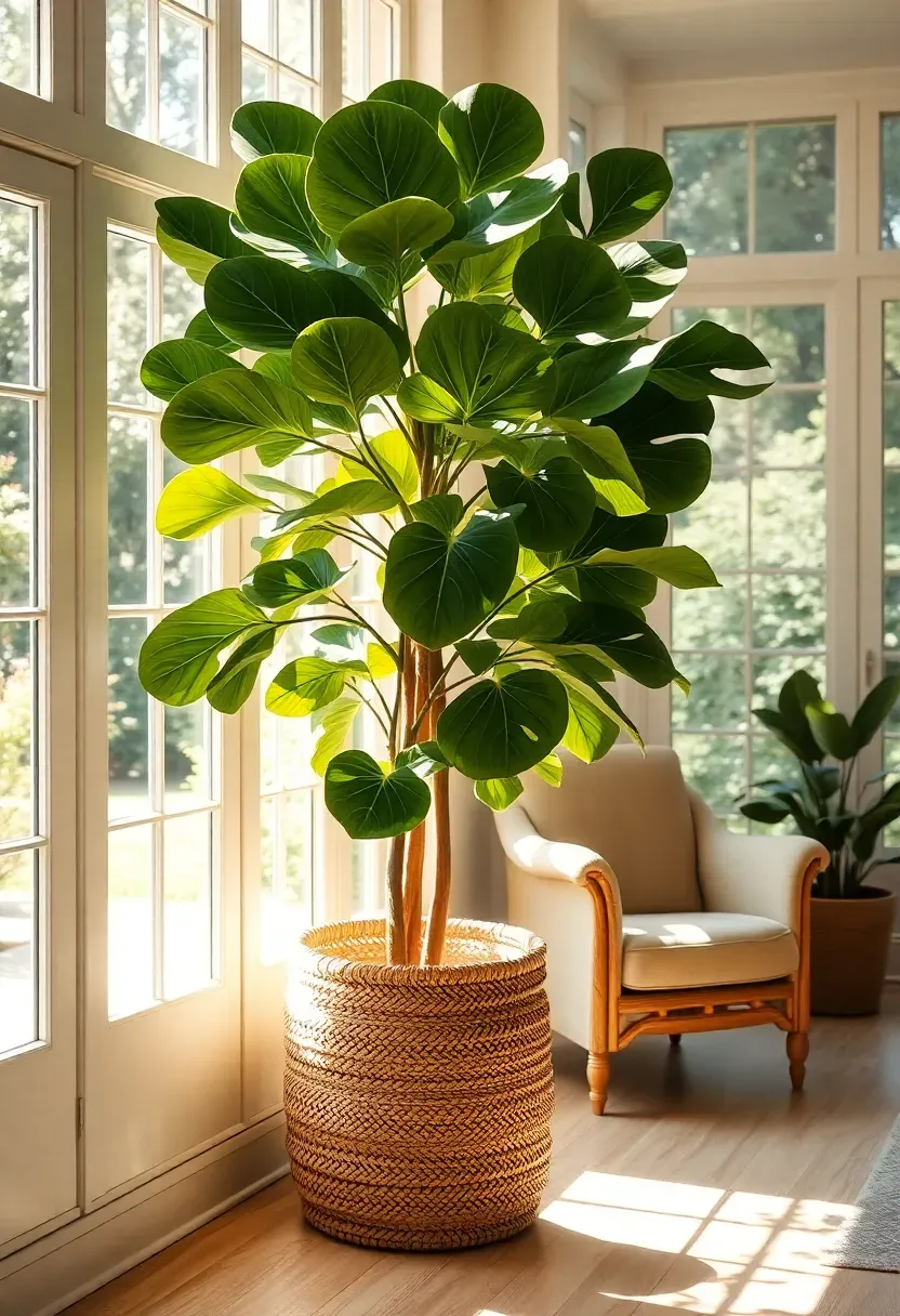 Tall fiddle-leaf fig tree in a woven basket planter standing beside a linen armchair in a sunroom with large glass panels and dappled afternoon light