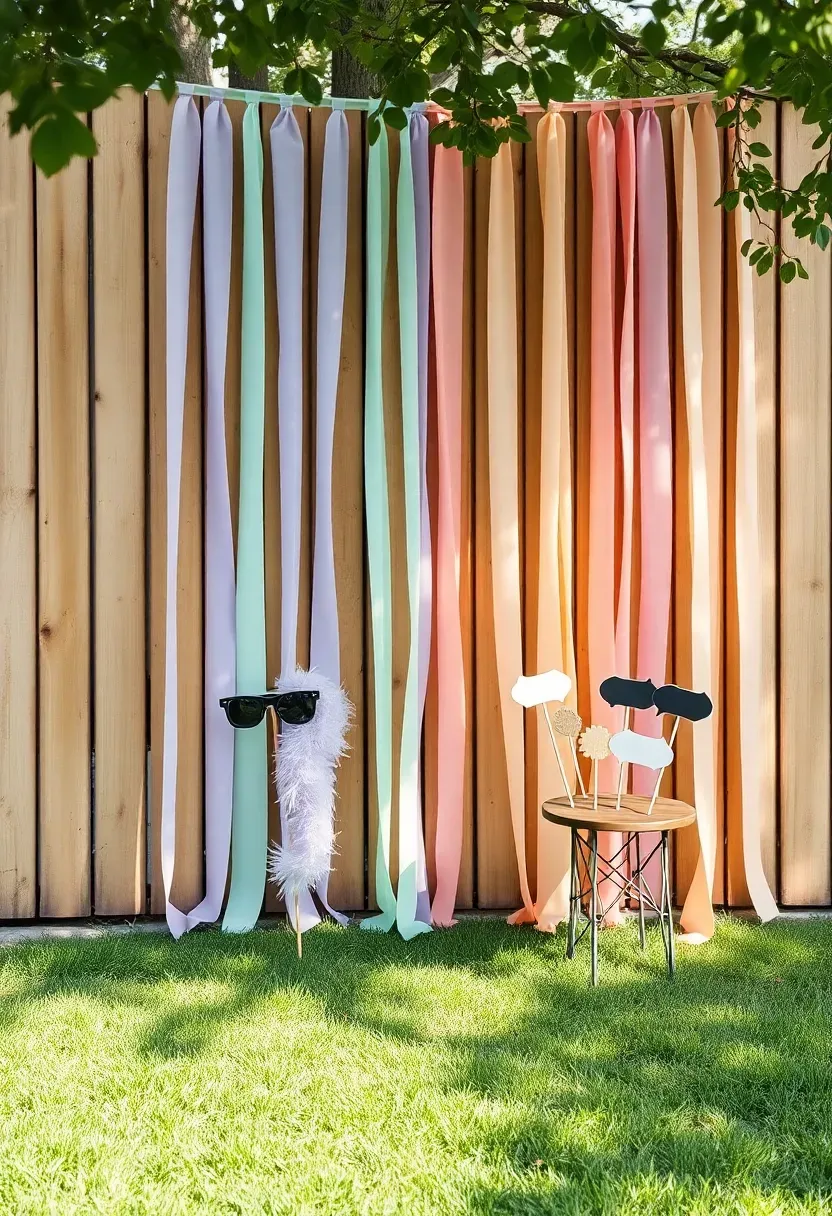A DIY photo backdrop wall made of crepe paper streamers in pastel colors hung against a wooden fence with props on a nearby table