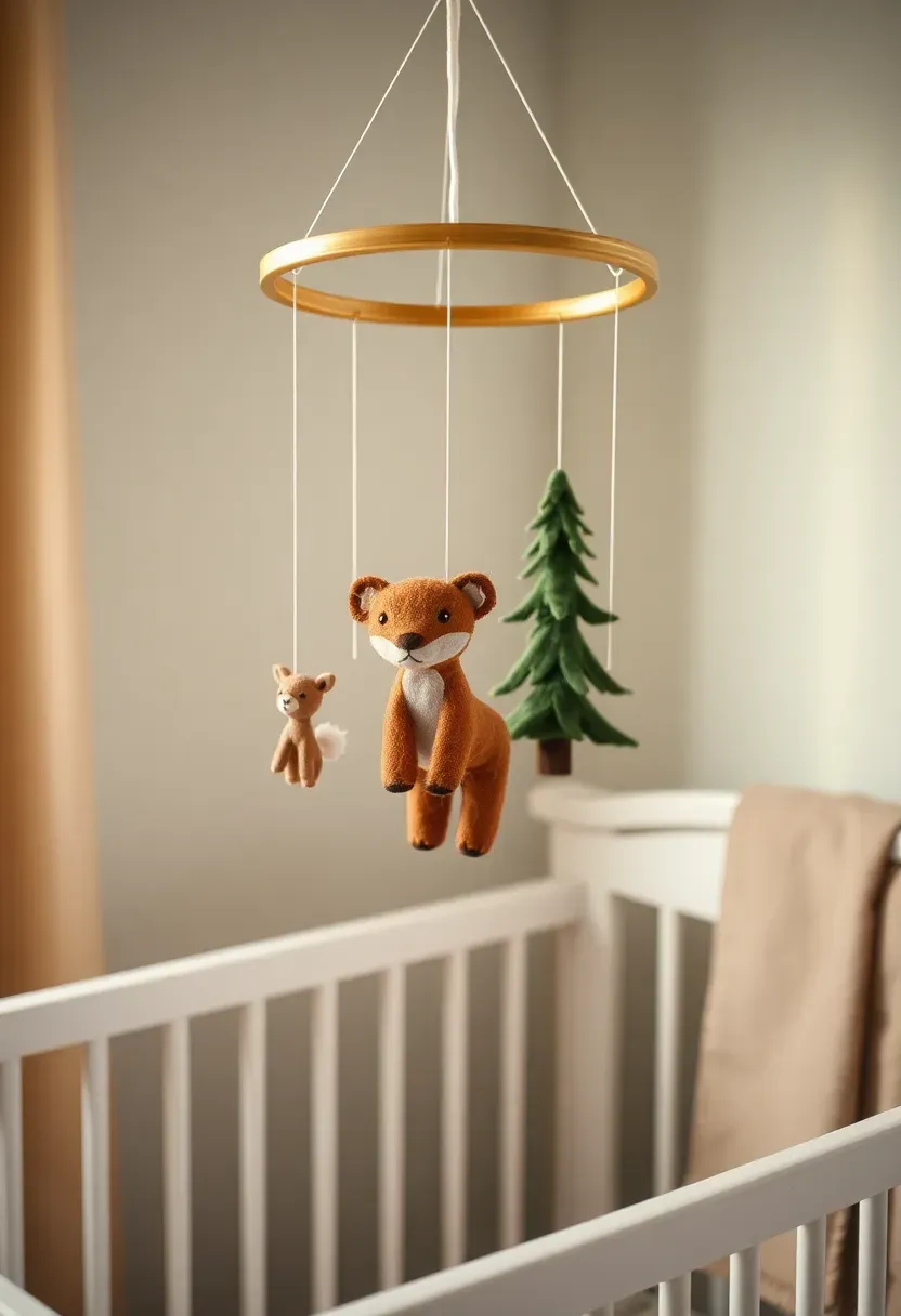 handcrafted nature-inspired baby mobile with felt woodland animals above a crib