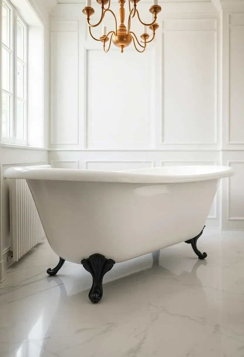Classic white porcelain clawfoot bathtub with matte black feet on white herringbone tile floor