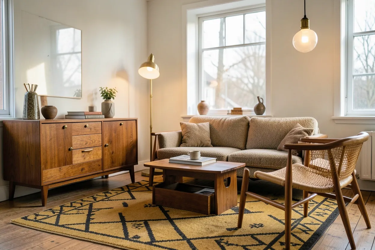 Vintage Scandinavian living room with teak sideboard, wishbone chairs, mustard wool rug, and warm mid-century decor